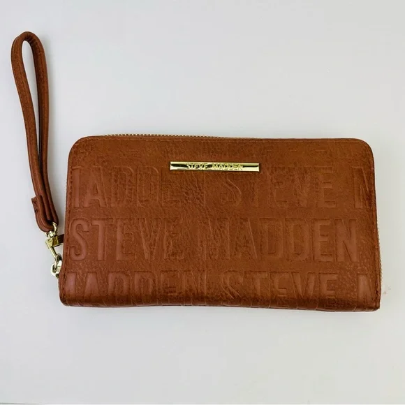 Steve Madden Embossed Monogram Zip Around Brown Gold Wristlet Zip Around Wallet